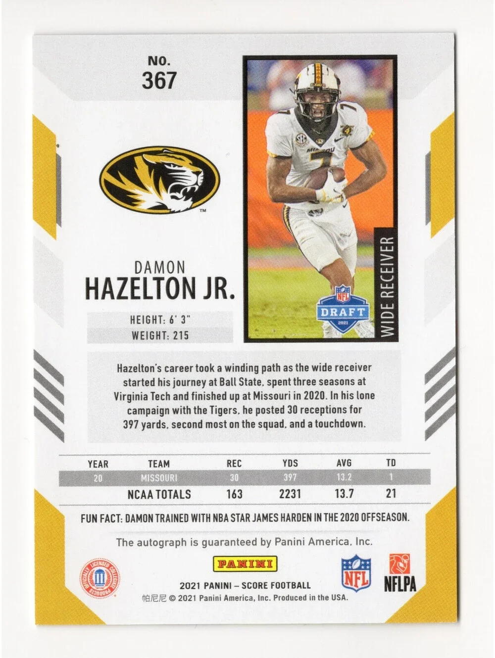 2021 Score Rookies Damon Hazelton Jr. #367 Signatures auto mizzou